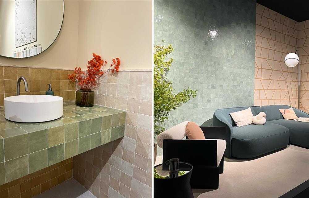 (Left) Earthy green bathroom wall tiles. (Right) Teal grey living room wall tiles